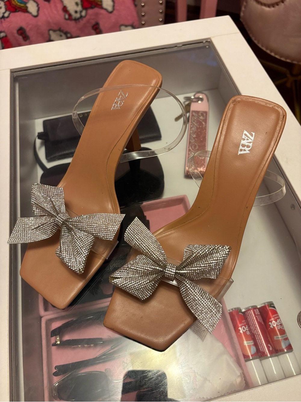Zara Tan Clear Slide Heels with Silver Crystal Bow - Picture 2 of 2